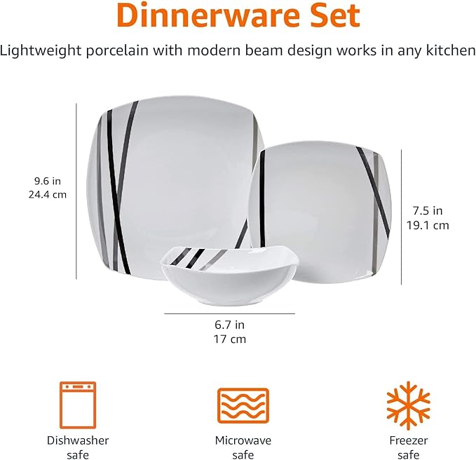 Amazon Basics 18 Piece Kitchen Dinnerware Set Dishwasher and Microwave Safe Square Plates Bowls Service for 6 Modern Beams