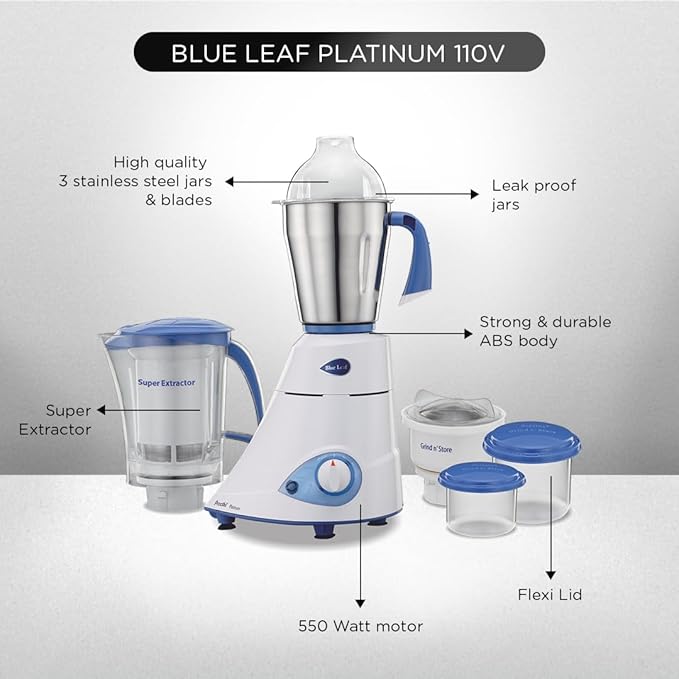 Preethi Blue Leaf Platinum 550 Watts 3 Jar Indian Mixer Grinder 110 Volts