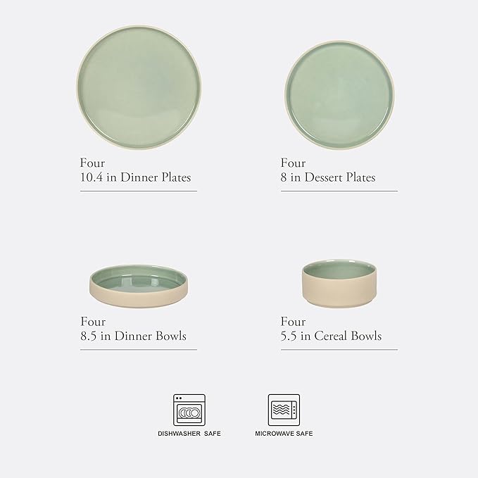 Gibson Elite Liberty Bay 16-Piece Pottery Clay Stoneware Dinnerware Set – Mint Green Reactive Glaze Stackable Plates and Bowls W/Pasta Bowl Service for 4 – Microwave &amp Dishwasher Safe