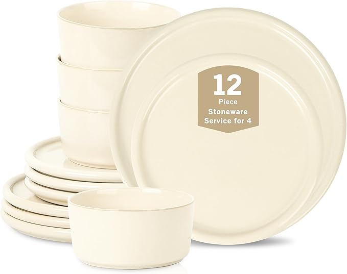 Stone Lain Eden 12-Piece Dinnerware Set Stoneware Plates and Bowls Set Dishwasher and Microwave Safe Dish Dish Set for 4 Beige