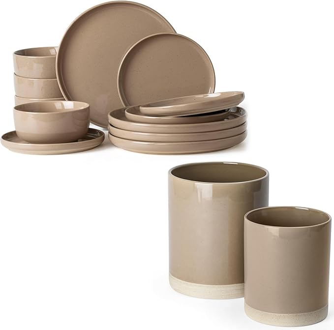 Famiware Milkyway Plates and Bowls Set of 12 and Kitchen Utensil Holder for Countertop Set of 2 14 Pieces Dinnerware Sets Cinnamon Brown