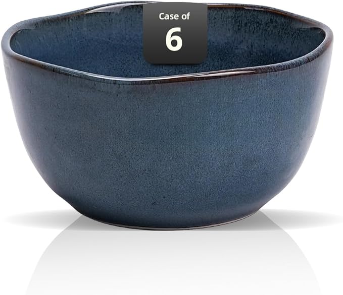 Organic Shape Highland Ceramic Bouillon Cup 6pcs Handmade Reactive Glaze Stoneware Dip Bowls 9oz with Wavy Edge for Kitchen Microwave &amp Dishwasher Safe Scratch Resistant-Blue