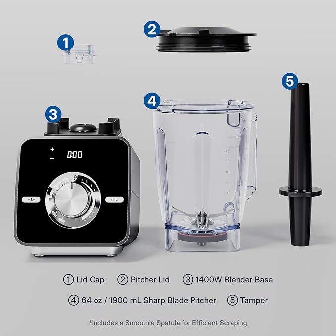Home Blender 1400W High-Speed Blender for Ice Crushing Power Stainless Steel Blades Kitchen Timer 10 Speeds 6 Programs for Smoothies Frozen Drinks Self-Cleaning 64oz Bulk Production