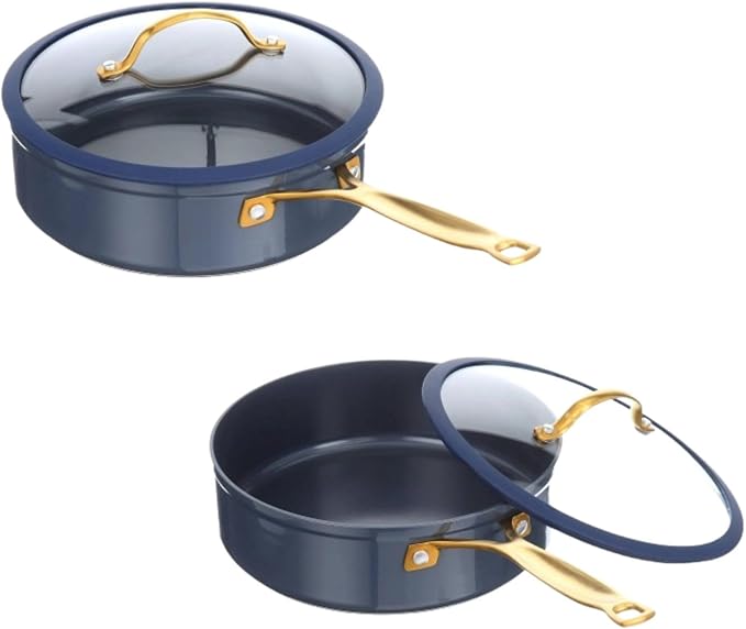 12-Piece Non-Stick Aluminum Cookware Set with Induction Base Oven Safe Black Finish (Blue &amp Gold)