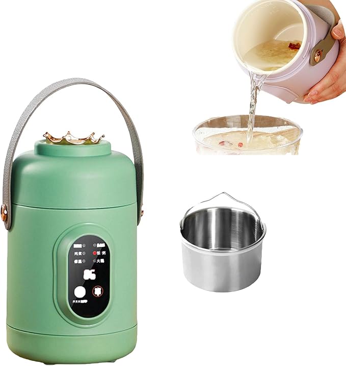 Multifunctional Health Pot Portable 500W Health Pot with Ceramic Glaze Inner Pot &amp Steamer 12-Hour Preset Slow Cooker for Rice Porridge Soup Steaming (C-Green)