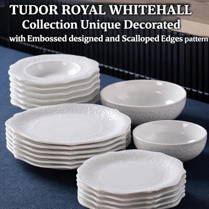 Tudor Royal 20-Piece Porcelain Round Dinnerware Set White Color Service for 6 People Whitehall Design Plates Bowls Dishes Unique Decorated with Embossed Designed and Scalloped Edges Pattern.