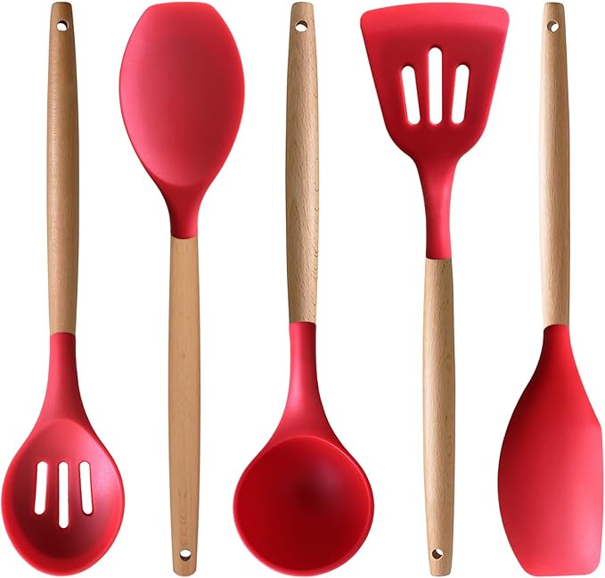 Silicone Cooking Utensils Set 5Pcs Non-Stick Silicone Kitchen Utensils for Cooking Heat Resistant Kitchen Gadgets Spatula Spoon Turner Set with Wooden Handles for Non-Stick Cookware BPA Free