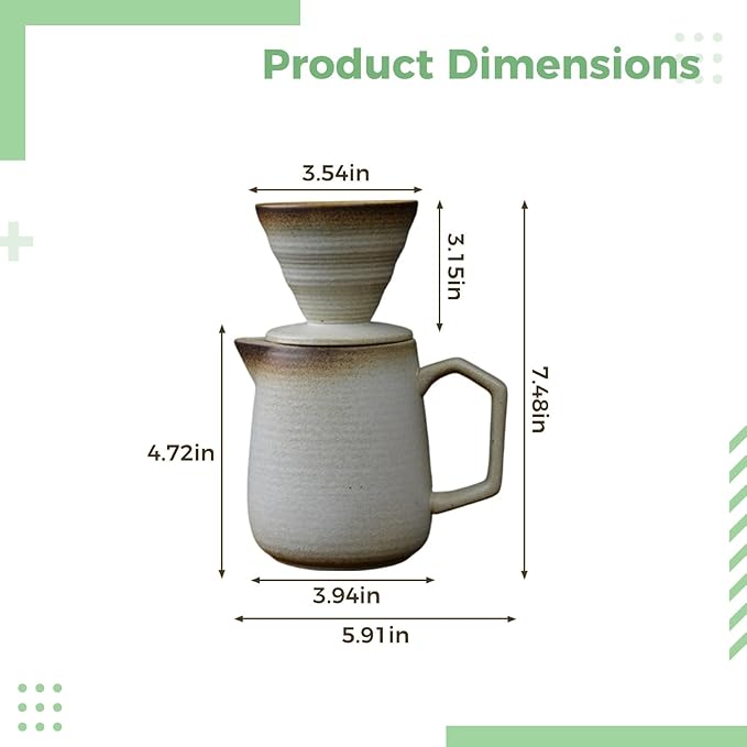 Stone Ceramic Pour Over Coffee Maker Beige 20 Fl Oz Capacity 3.5 In Filter Cup Vintage Style Enhances Flavor