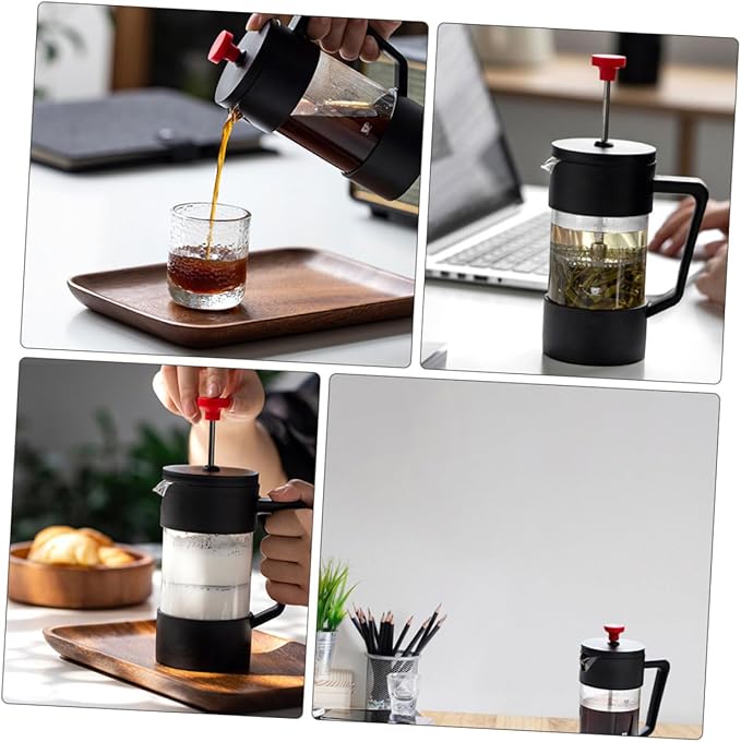 Stainless Steel Manual Press Coffee Maker 350ml Glass Pot with Red Lid Tea Kettle for Home Brewing and Travel