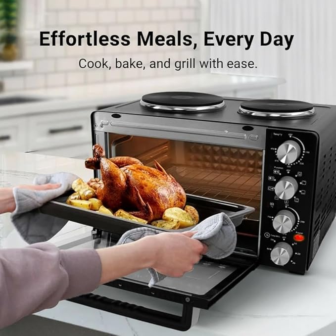 NutriChef 30 Quart Kitchen Convection Oven &amp 2 Burner Cooker - 1500 Watt Oven - 7 Cook Functions Rotisserie Cook Bake Broil &amp More - Includes Baking Tray Skewers &amp Handles - 19.6 x 16.