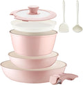 8PCS Ceramic CookwareNonstick Ceramic Pan Removable Handle Pots and Pans Set Stackable Pan Set Nonstick Pots and Pans Set Non Stick pot(Pink)