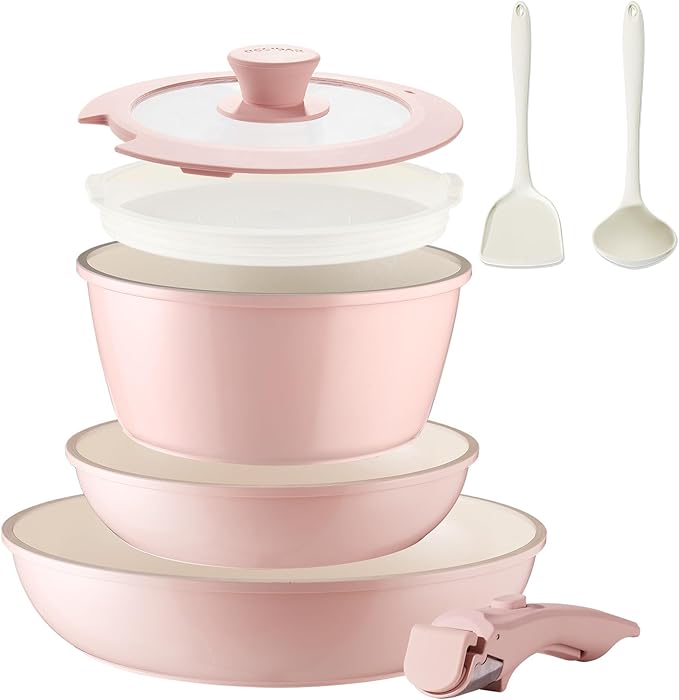 8PCS Ceramic CookwareNonstick Ceramic Pan Removable Handle Pots and Pans Set Stackable Pan Set Nonstick Pots and Pans Set Non Stick pot(Pink)
