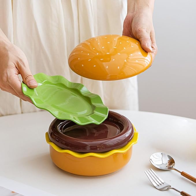 Hamburger Plate Set Ceramic Hamburger Plates And Bowls Sets 5-Piece Novelty Stackable Burger Dinnerware Set Cute Hamburg Style Dessert Plates Dishwasher Safety (Large-6.5x6.5x5.31 in)