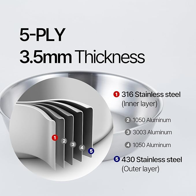 316 Stainless Steel Removable Handle Cookware 5-Ply Stackable Cookware Set 6-Piece Pans with Universal Lid Induction Compatible Oven &amp Dishwasher Safe