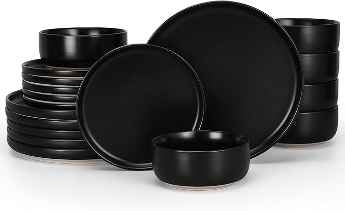 HaWare Stoneware Dinnerware Sets 18-Piece Plates and Bowls Set for 6 Dishes Set for Home Restaurant Frosting Black