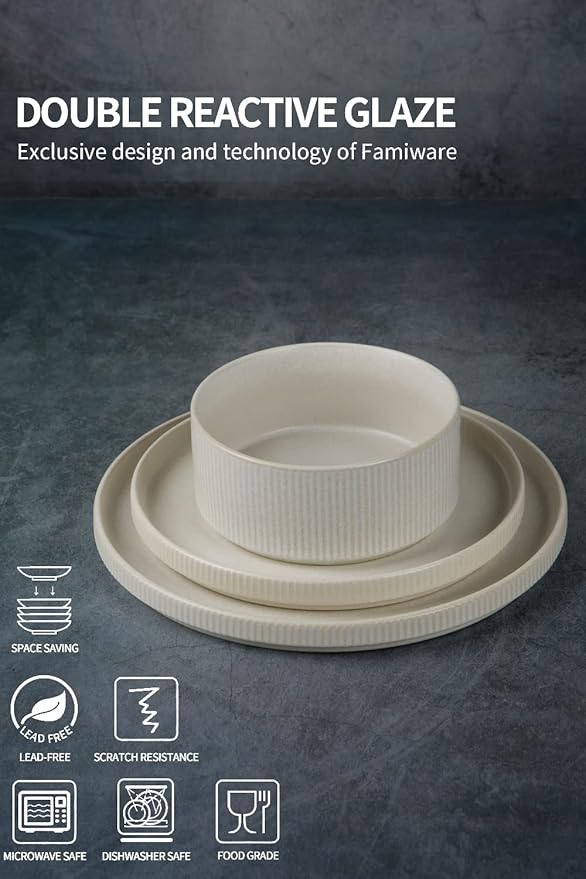 Famiware Dinnerware Set for 4 (12 Piece) and 4oz Dipping Bowl Set (6 Piece) - Star Stoneware Dishes - Matte White