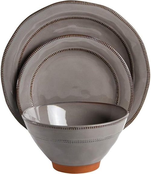 12-Piece Terracotta &amp Stoneware Dinnerware Set – Hand-Painted Artisanal Plates &amp Bowls Reactive Glaze Finish Dishwasher &amp Microwave Safe (Gray)