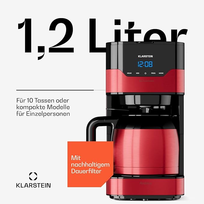 Klarstein Arabica Coffee Machine with Filter - Filter Coffee Machine 800 Watt EasyTouch Control 1.2 L Up to 12 Cups with Permanent Filter Red/Black