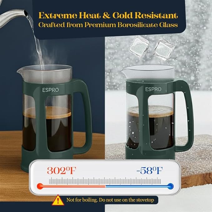 ESPRO P3 French Press Coffee Maker – Patented Double Micro-Filter for Grit-Free Brew Heat Resistant Thicker Borosilicate Glass Coffee Press – Green (32 oz)