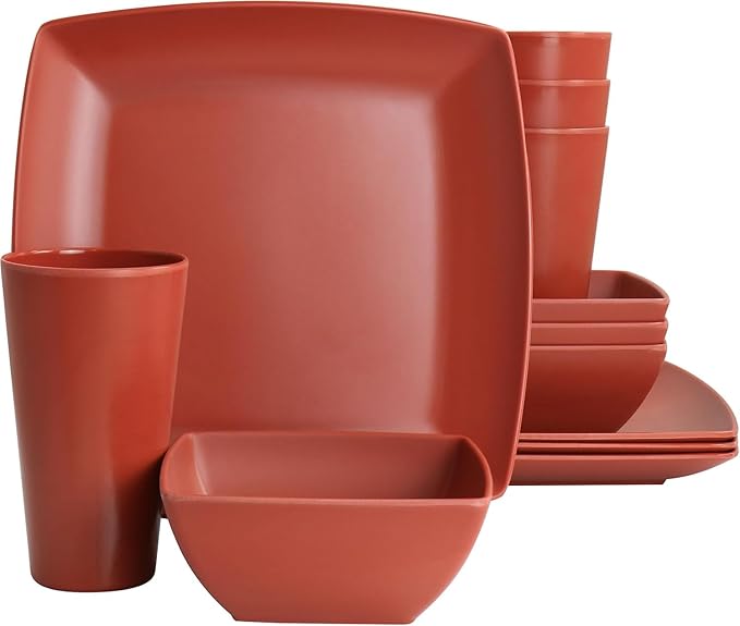 12-Piece Square Melamine Dinnerware Set – Durable Lightweight Outdoor Plates and Bowls Raised Edge Design Dishwasher Safe Tableware for Casual Indoor &amp Outdoor Dining – Gray Orange Green (Oran