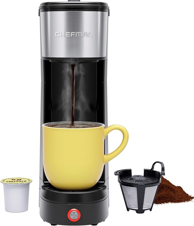 Chefman Single Serve Coffee Maker: K-Cup &amp Ground Compatible Single Cup 6-12 oz Portable Drip Coffee Machine with Filter - Perfect for College &amp Coffee LoversBlack