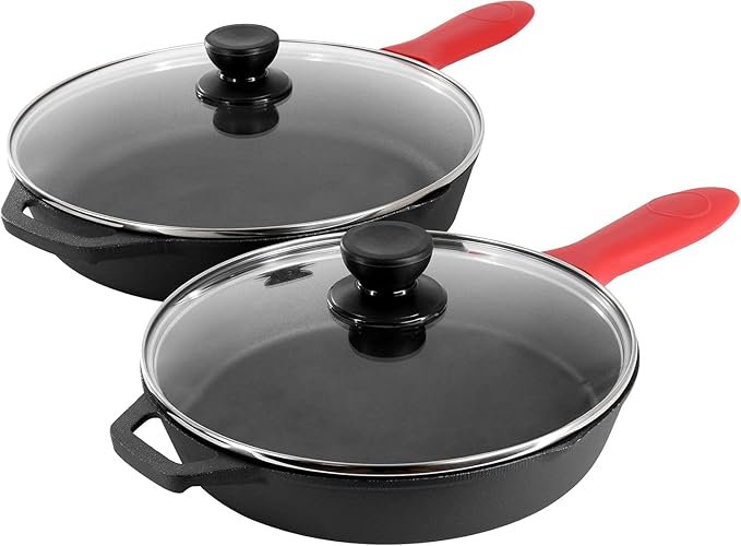 13-Piece Cast Iron Skillet Set with Glass Lids – Pre-Seasoned Cookware with Silicone Handle Holders &amp Scrapers for Stove Oven Grill &amp Campfire