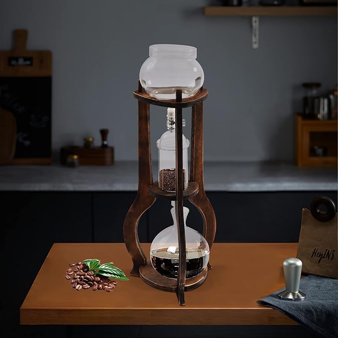 Cold Brew Coffee Maker 600 ml/20.29 oz Iced Coffee Tower Dripper Coffee Maker &amp Tea Maker 6-8 Cups High Borosilicate Glass Wood 304 Stainless Steel Copper - for Home Office (Brown)