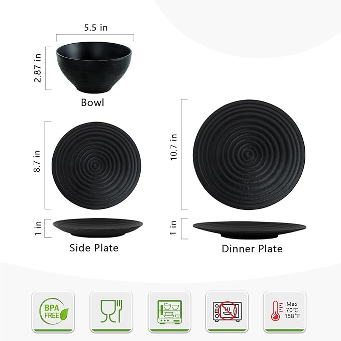 Melamine Dinnerware Sets for 4 12Pcs Plates and Bowls Sets with Modern style Lightweight and Unbreakable Dish Set for Camping RV and BBQ Dishwasher Safe BPA free(Black)
