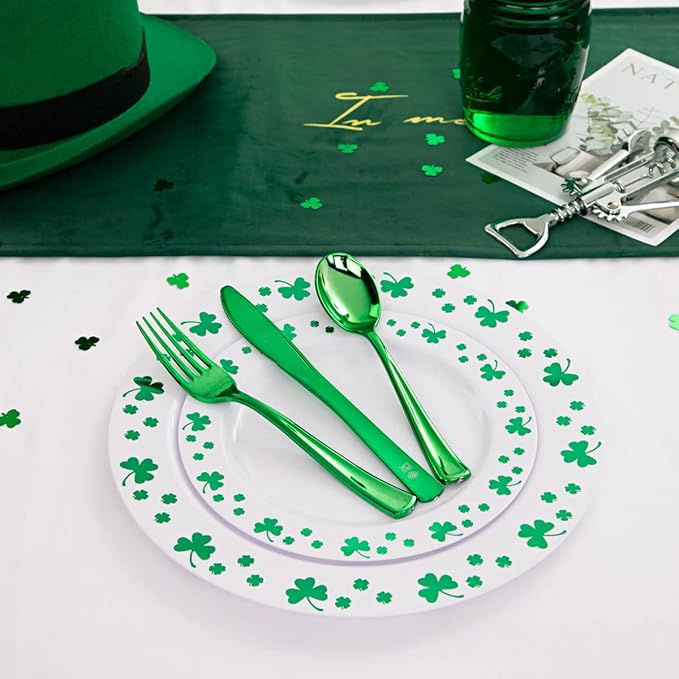 WDF 125pcs St. Patrick’s Day Plastic Plates with Shamrock Clover &amp Disposable Silverware - Premium White and Green Plastic Dinnerware for Wedding &ampParties Special for St. Patrick’s Day