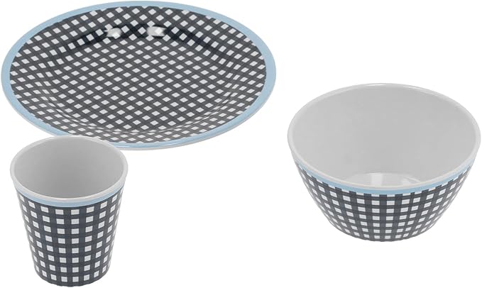 Dark Blue Grid Pattern Melamine Tableware Set Dinnerware Cutlery Salad Plate Bowl Cup Kit for Home Restaurant Scald Proof Tableware with 500ml Bowl 260ml Cup
