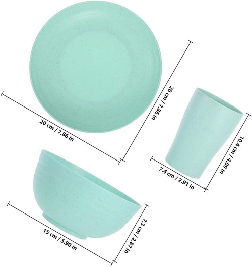 12pcs Wheat Straw Dinnerware Set with Plates and Bowls Microwave Safe Lightweight Reusable Eco-Friendly Tableware for Camping and Outdoor Use (Green)
