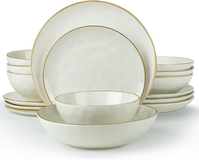 Famiware Ocean Round Plates and Bowls Sets for Kitchen 16-Piece Dinnerware Sets for 4 Microwave and Dishwasher Safe Vanilla White