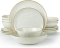 Famiware Ocean Round Plates and Bowls Sets for Kitchen 16-Piece Dinnerware Sets for 4 Microwave and Dishwasher Safe Vanilla White