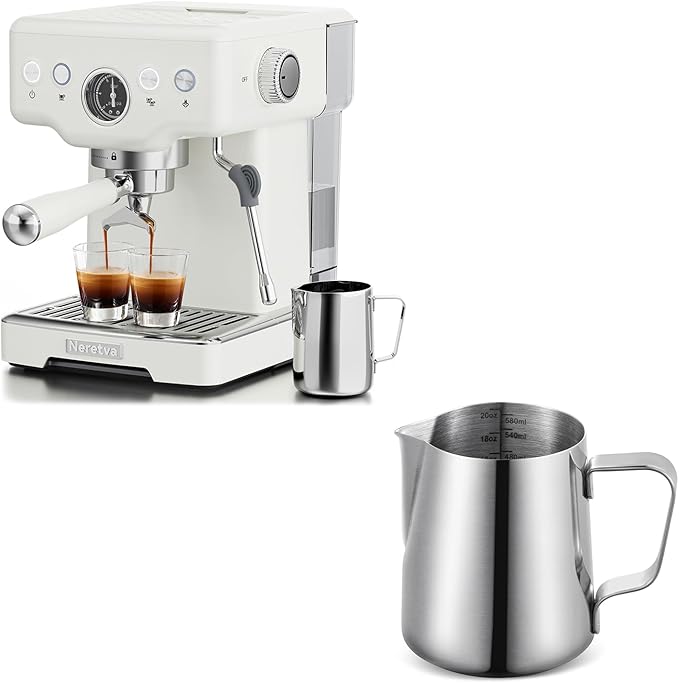 Neretva Espresso Machine 1450W Stainless Steel Coffee and Espresso Maker Combo with Milk Frother 15Bar &amp Milk Frothing Pitcher 20 oz Milk Hand Held Frother Steamer Pitcher Jug Cup