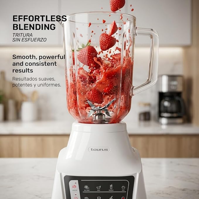Taurus Potenza Comfort Blender 1050W 1.5L Glass Jar Up to 50% Less Noise Stainless Steel Blades 9 Speed Settings Quiet Powerful Blender for Smoothies Ice and Frozen Drinks
