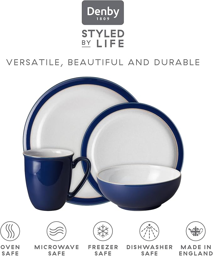 Denby - Elements Dark Blue Dinner Set For 1-4 Piece Ceramic Tableware - Dishwasher Microwave Safe Crockery Single Place Setting - 1 x Dinner Plate 1 x Small Plate 1 x Cereal Bowl 1 x Coffee Mug