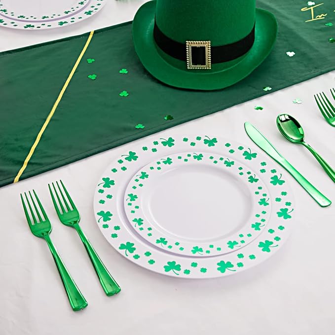 WDF 125pcs St. Patrick’s Day Plastic Plates with Shamrock Clover &amp Disposable Silverware - Premium White and Green Plastic Dinnerware for Wedding &ampParties Special for St. Patrick’s Day