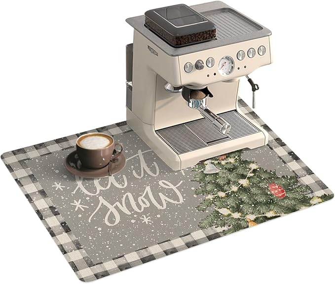 Coffee Mat Coffee Bar Mat for Countertops Christmas Watercolor Squirrel with Xmas Tree Grey Absorbent Coffee Maker Mat Rubber Backed Dish Drying Mat for Coffee Espresso Machine Coffee Maker 18x28