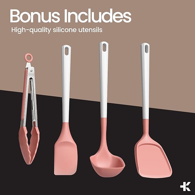 Bakken 12-Piece Aluminum Cookware Set with Ceramic Nonstick Coating PTFE &amp PFAS Free All Stovetop Safe Up To 500°F Pots and Pans Set with Lids Silicone Utensils Included Dishwasher Safe Pink