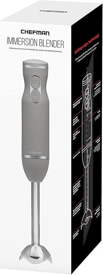 Chefman Immersion Stick Hand Blender with Stainless Steel Blades Powerful Electric Ice Crushing 2-Speed Control Handheld Food Mixer Purees Smoothies Shakes Sauces &amp Soups Grey