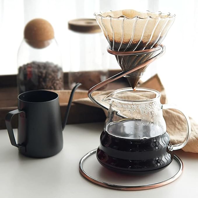 Pour Over Coffee Maker Set - Glass Dripper Metal Stand 600ml Heat-Resistant Server 40 Filters - 4 in 1 for Home or Office (Bronze)