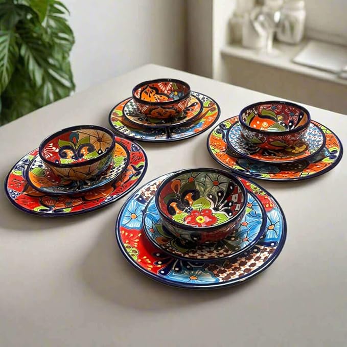12-Piece Talavera Dinnerware Set | Handmade Mexican Ceramic Plates &amp Bowls