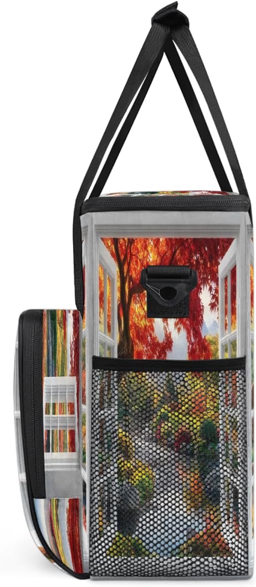Window Scenery Maple Leaves Lake Coffee Maker Carring Bag Travel Carrying Storage Tote Bag Compatible with Keurig K-Mini or K-Mini Plus Portable Single Serve Coffee Brewer Case with Pockets