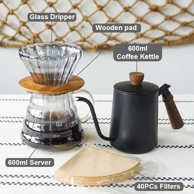 SOTECH Pour Over Coffee Maker Set with Black Gooseneck Kettle Wooden Pad Holder Coffee Dripper Server DIY Manual Portable Coffee Maker Set