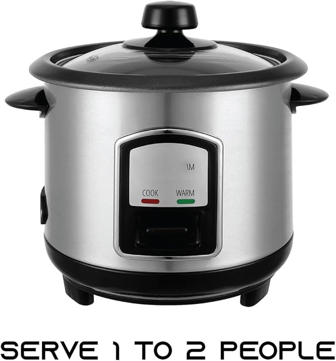 THEGA Electric Rice Cooker - 0.8L Stainless Steel Non-Stick Rice Cooker Removable Bowl Cook &amp Keep Warm Functions and Vented Glass Lid Includes Measuring Cup &amp Spatula