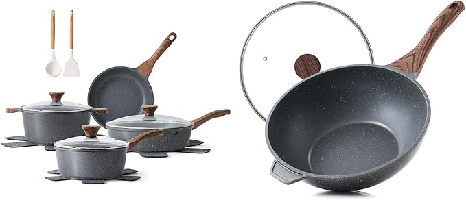 SENSARTE 14 Piece Nonstick Cookware Set includes 4.5 Quart Nonstick Wok Pan with Lid