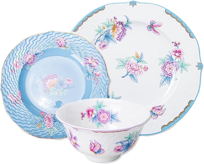 Bone China Dinnerware Set 12-Piece Vintage Floral Butterfly Plates and Bowls Set for 4 Fine Porcelain with Gold Trim Dishwasher Safe Complete Tableware Set