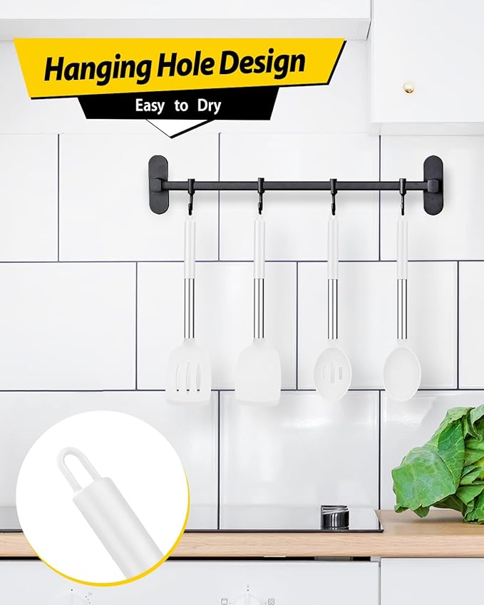 Pack of 4 Silicone Cooking Utensils Set Non Stick Large Solid Spatulas Heat Resistant Slotted Spoons Ideal BPA Free Kitchen Turners for Frying MixingServingDrainingTurningStirring (WHITE)