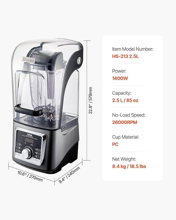 VEVOR Blender for Smoothies 85 oz 1400W Professional Blender with Powerful Motor Multi-Functional Food Processing with Noise Cover for Smoothie/Milkshake/Juice Fits for Kitchen