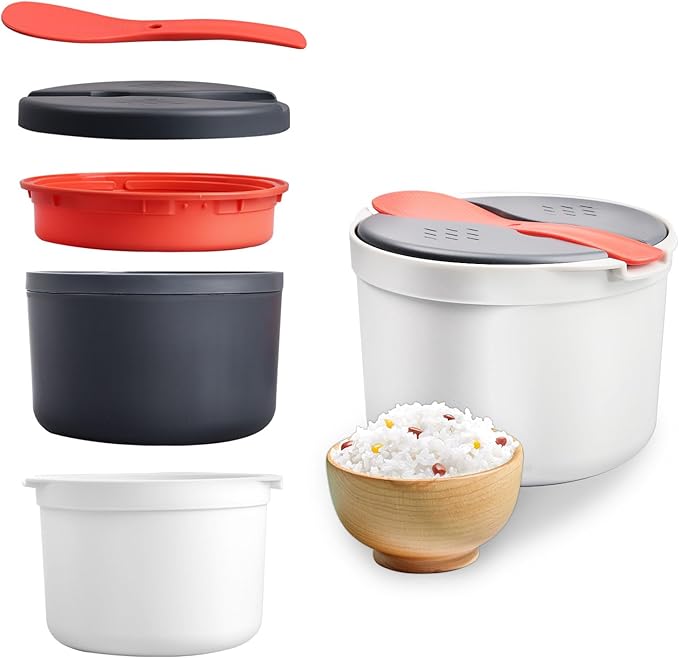 Qivine Microwave Rice Cooker 2L Microwave Pasta Cooker 2 Layer Microwave Vegetable Steamer with Strainer Non-Stick Rice Cooker for Microwave Dishwasher Safe